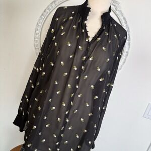 Cabi Womens Blouse Shirt 5338 High Neck embroidered floral Large Black Semi Sher